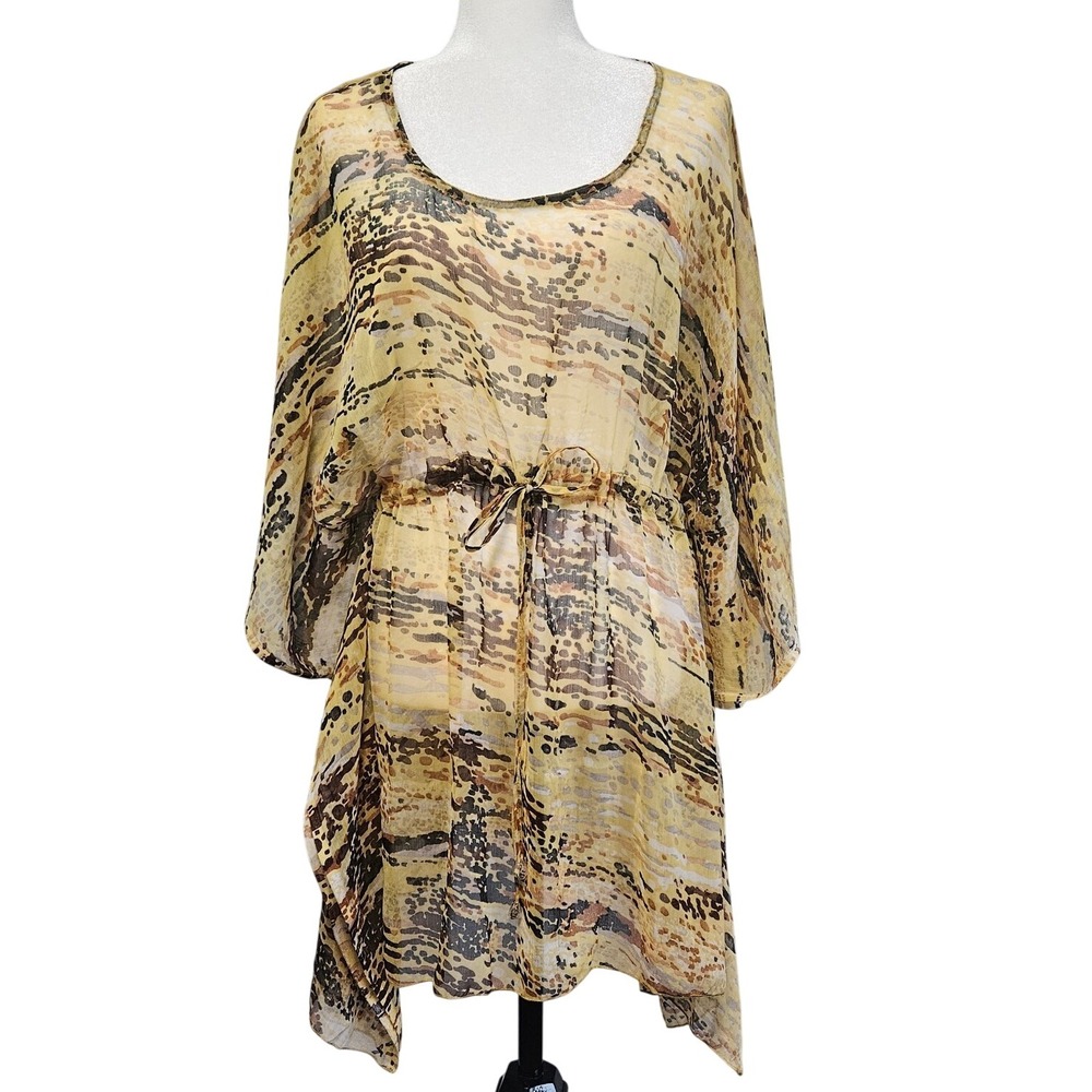 Sunflower Cover Up Free Size Yellow Brown Sheer Boho Tunic Beach Kaftan NEW